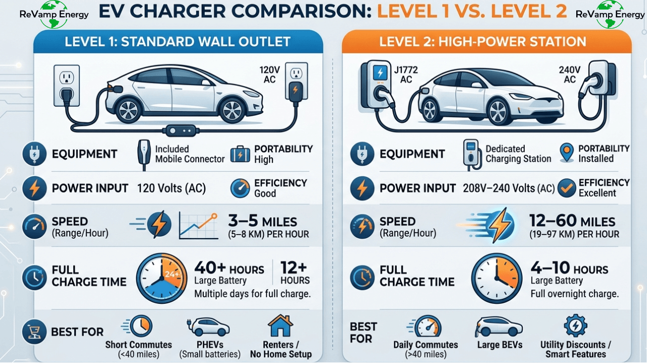 Read more about the article Level 1 vs Level 2 EV Chargers: Which Is Better for Home Charging?